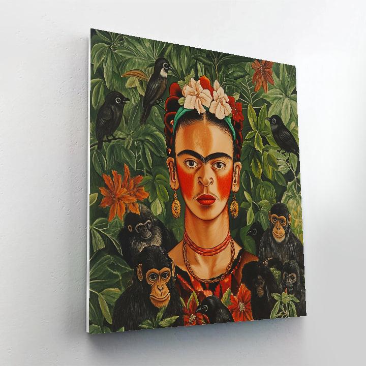 Frida Kahlo Inspired Symbolic Self-Portrait With Animals paint by color