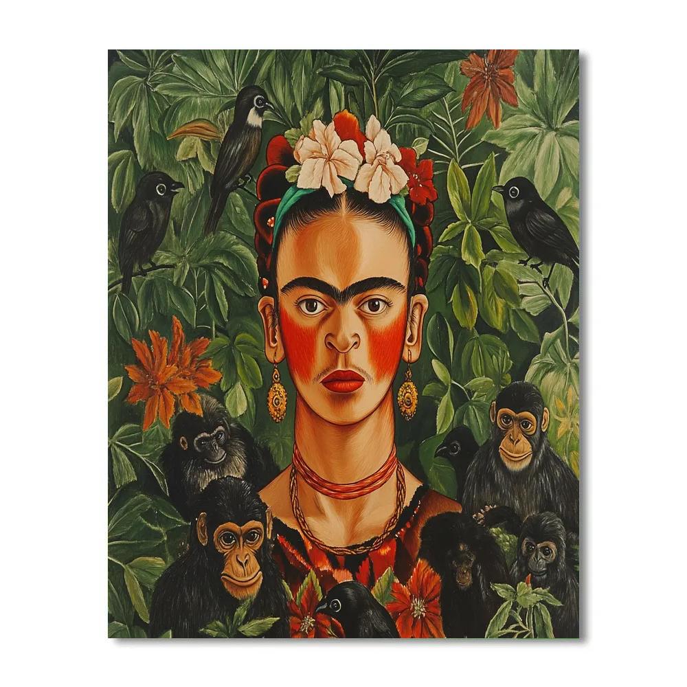 Frida Kahlo Inspired Symbolic Self-Portrait With Animals paint by color