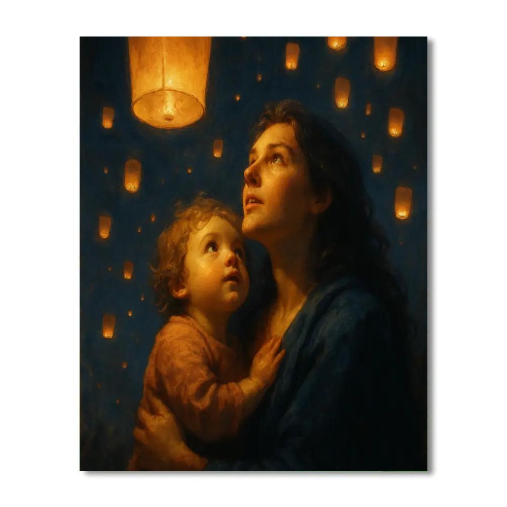 Mother And Child Portrait In Rain Of Lanterns Number painting