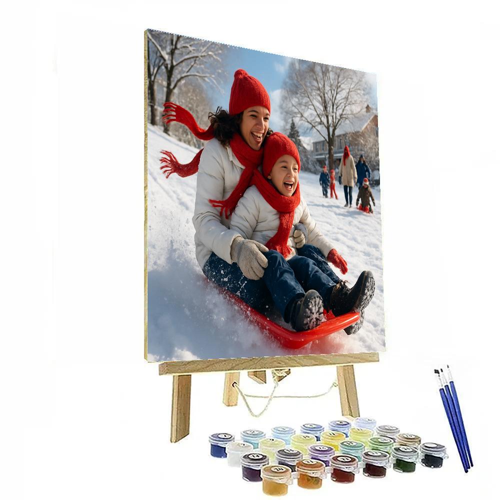 Snowy Hill Sled Ride Together paint by numbers
