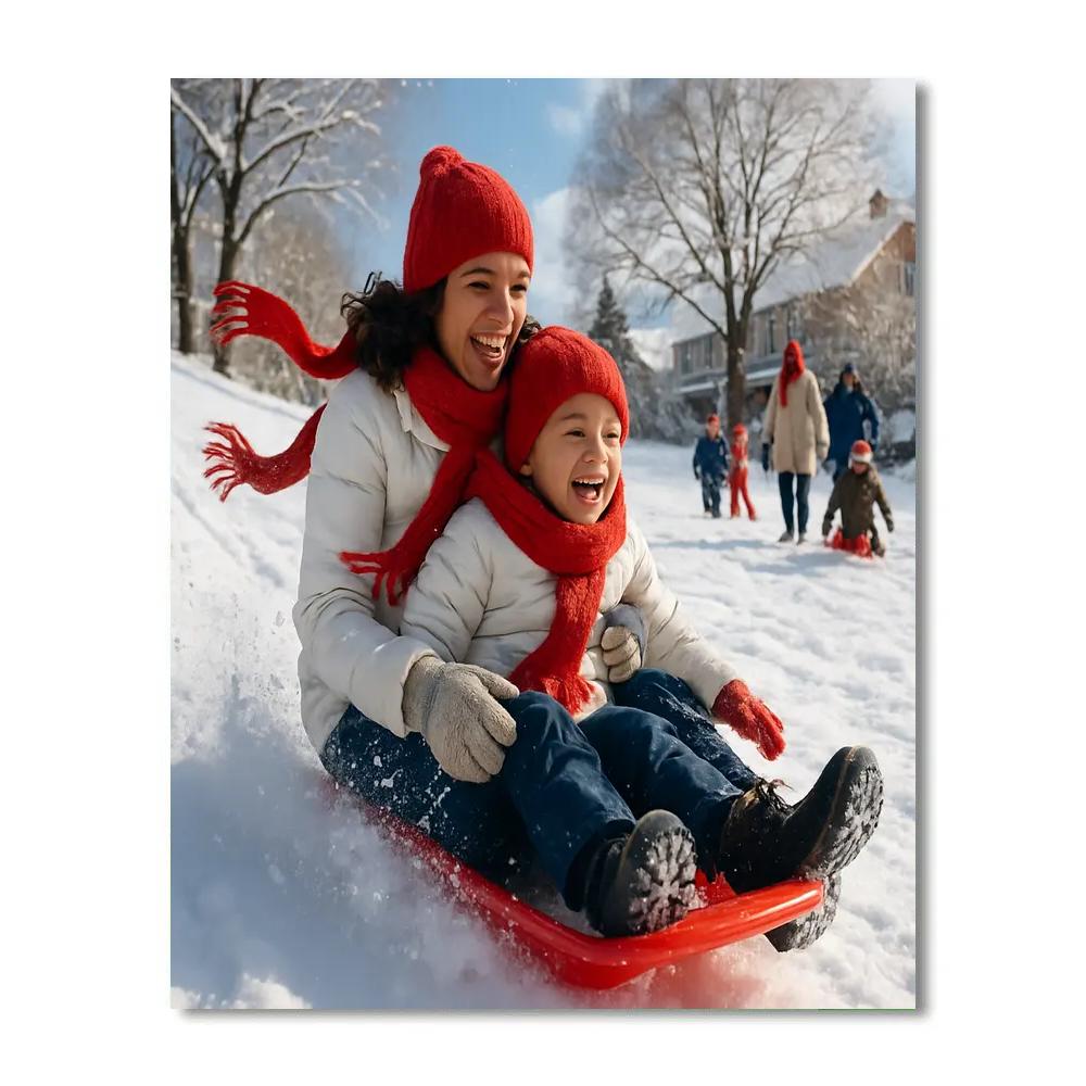 Snowy Hill Sled Ride Together paint by numbers