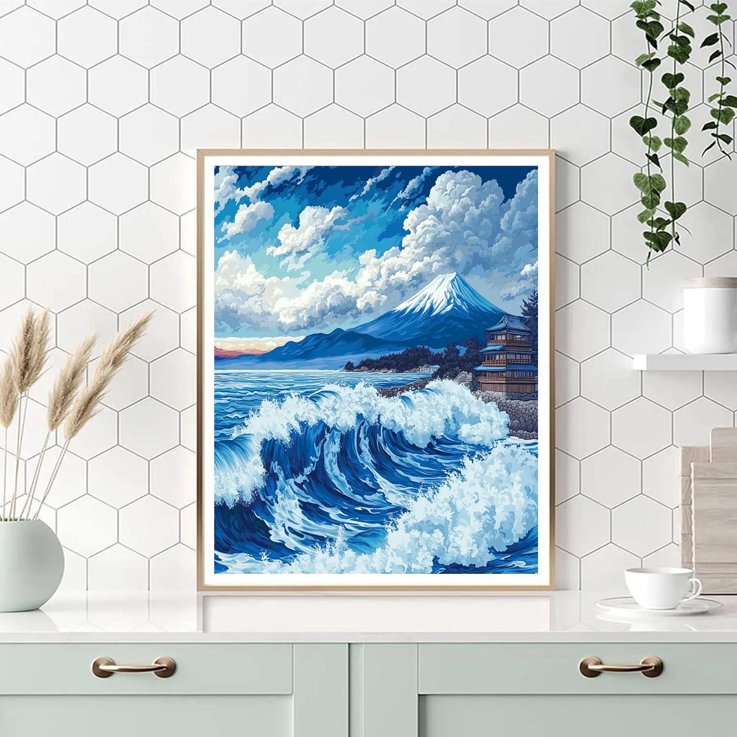 Hokusai Inspired Ocean Waves With Mount Fuji Numbered painting kits