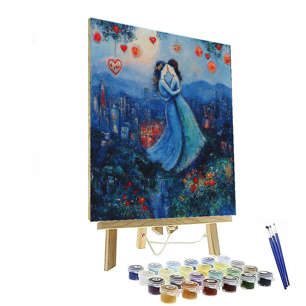 Marc Chagall Inspired Dreamy Lovers Over Cityscape paint by number