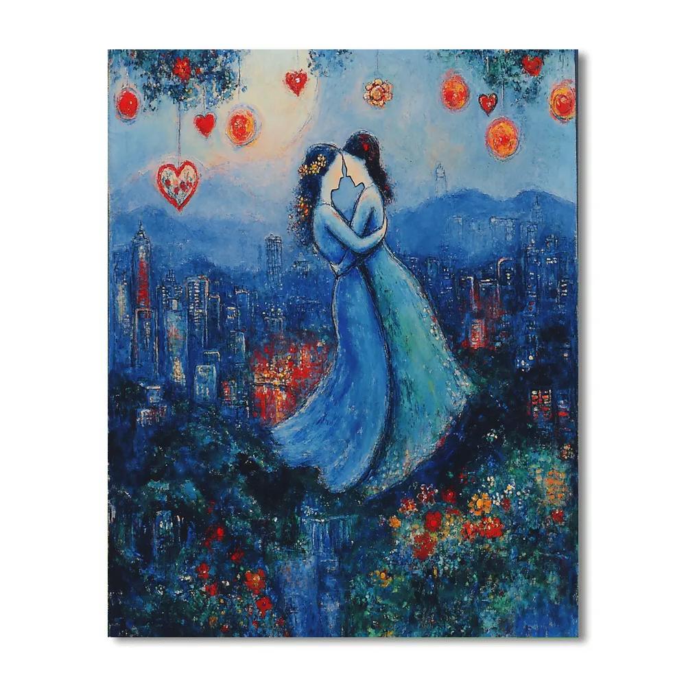 Marc Chagall Inspired Dreamy Lovers Over Cityscape paint by number