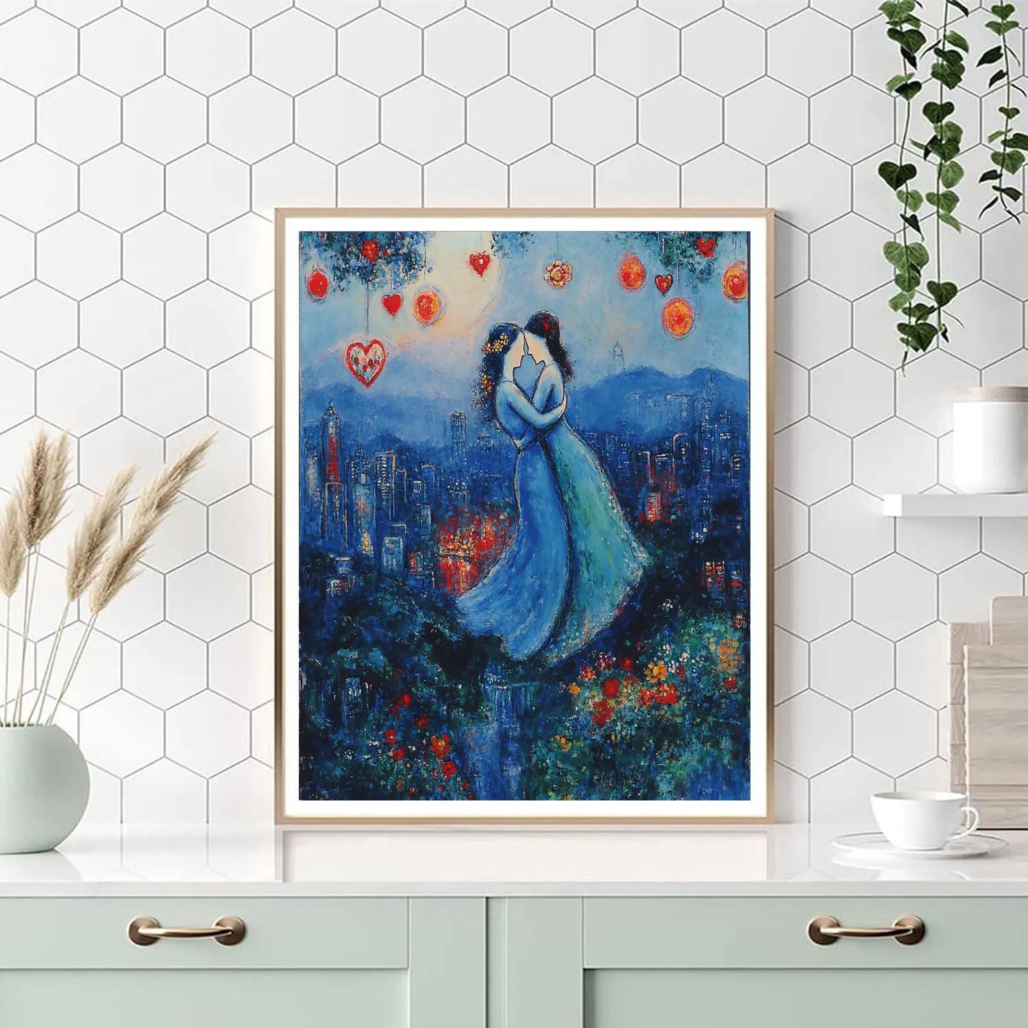 Marc Chagall Inspired Dreamy Lovers Over Cityscape paint by number