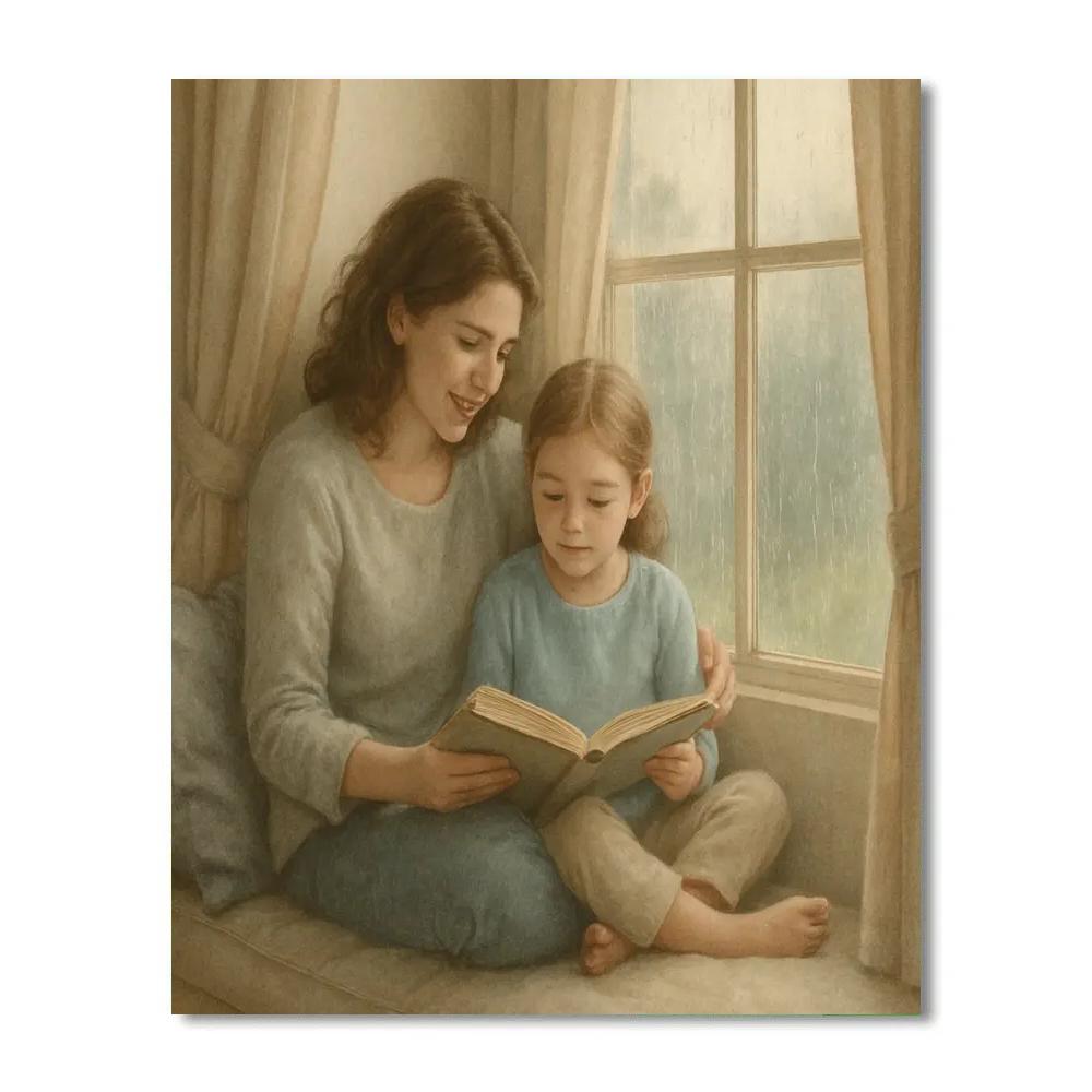 Mother And Child Reading On Window Seat paint by number