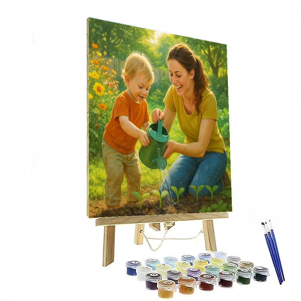 Mom Teaching Child To Garden paint by number