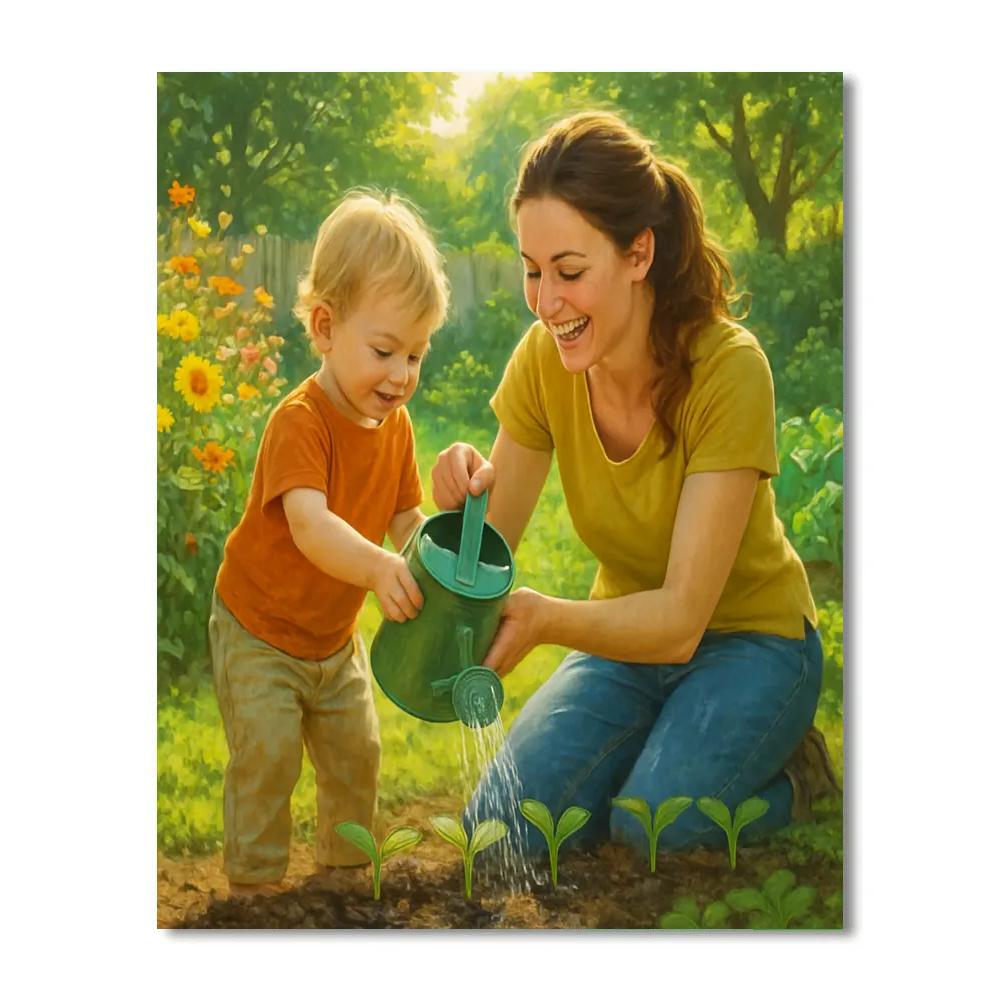 Mom Teaching Child To Garden paint by number