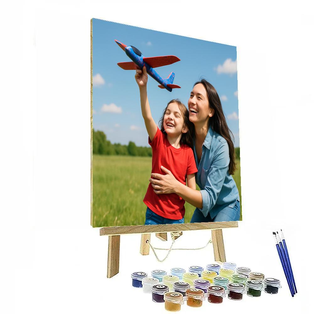 Mom Helping Child Fly A Toy Airplane paint by color