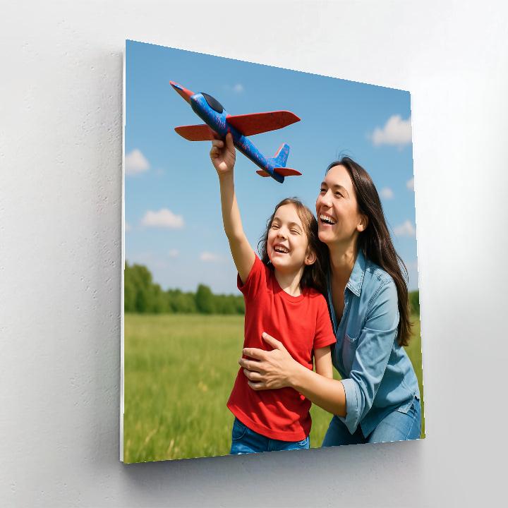 Mom Helping Child Fly A Toy Airplane paint by color
