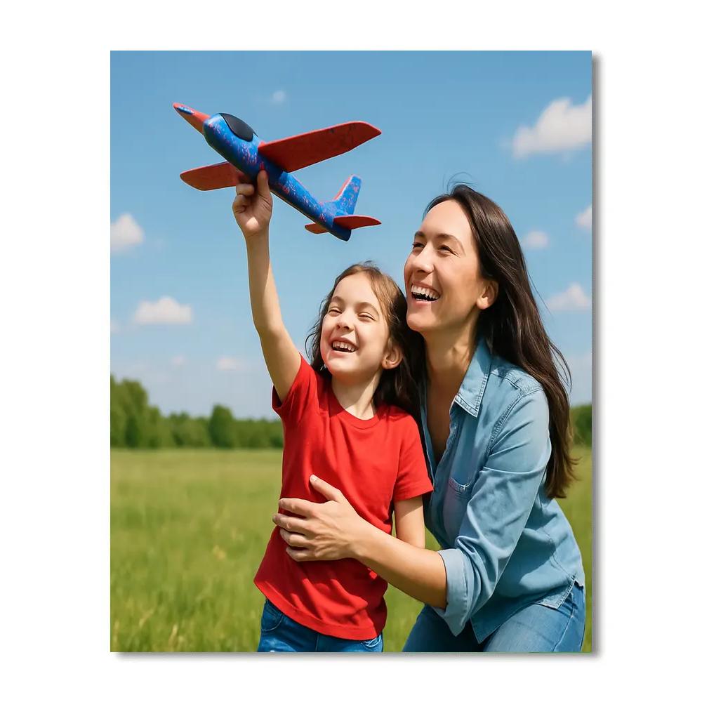 Mom Helping Child Fly A Toy Airplane paint by color