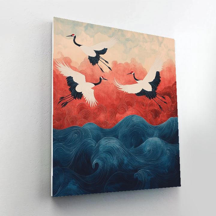 Hokusai Inspired Crane Flight Paint by numbers art
