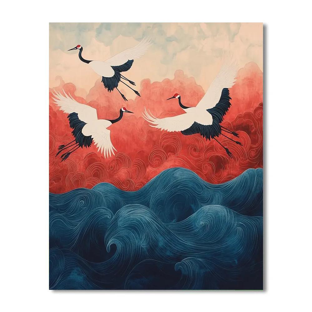 Hokusai Inspired Crane Flight Paint by numbers art