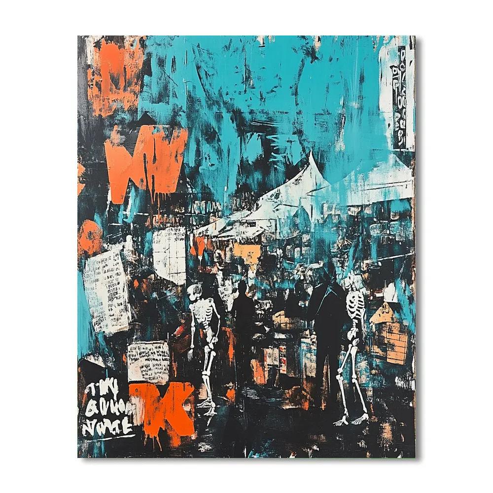 Jean Michel Basquiat Inspired Market Scene Number painting