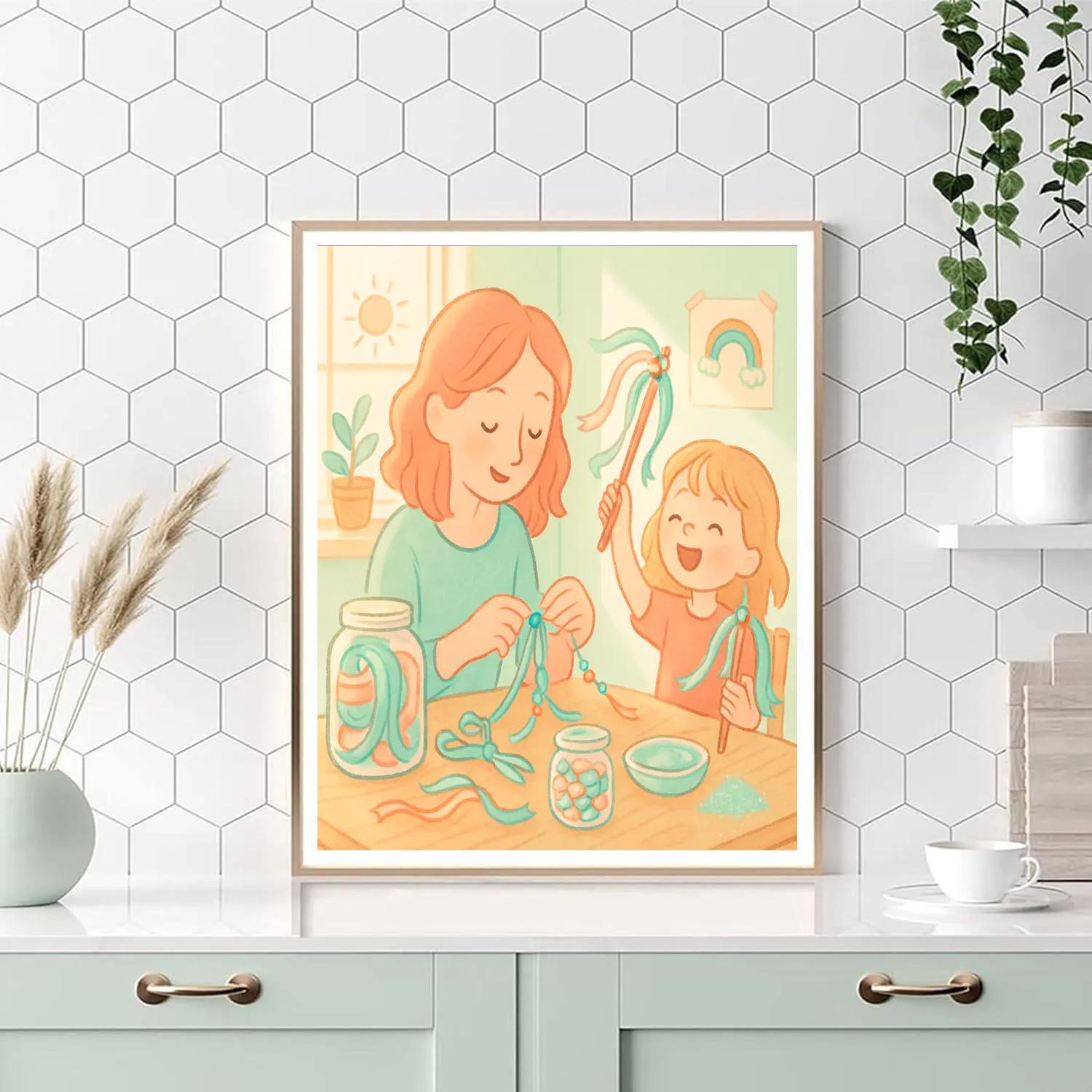 Mother And Child Making Ribbon Wands paint by numbers