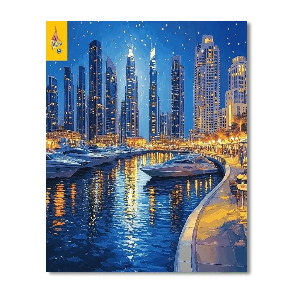 Dubai Marina Skyscraper Canal Evening United Arab Emirates Number painting