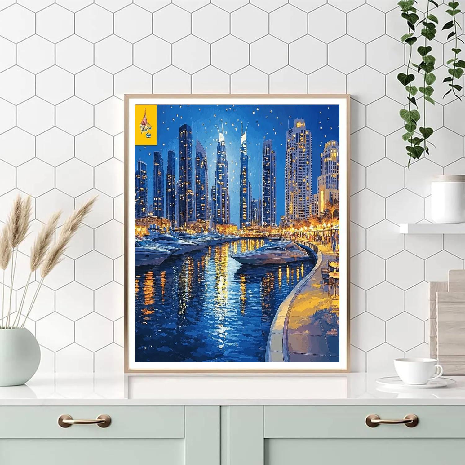 Dubai Marina Skyscraper Canal Evening United Arab Emirates Number painting