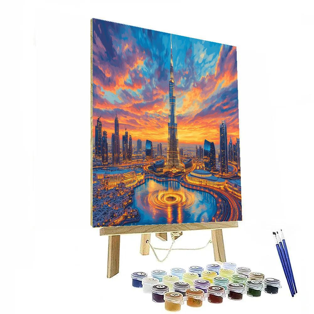 Sunset Over Burj Khalifa And Downtown Dubai Skyline Paint by numbers art