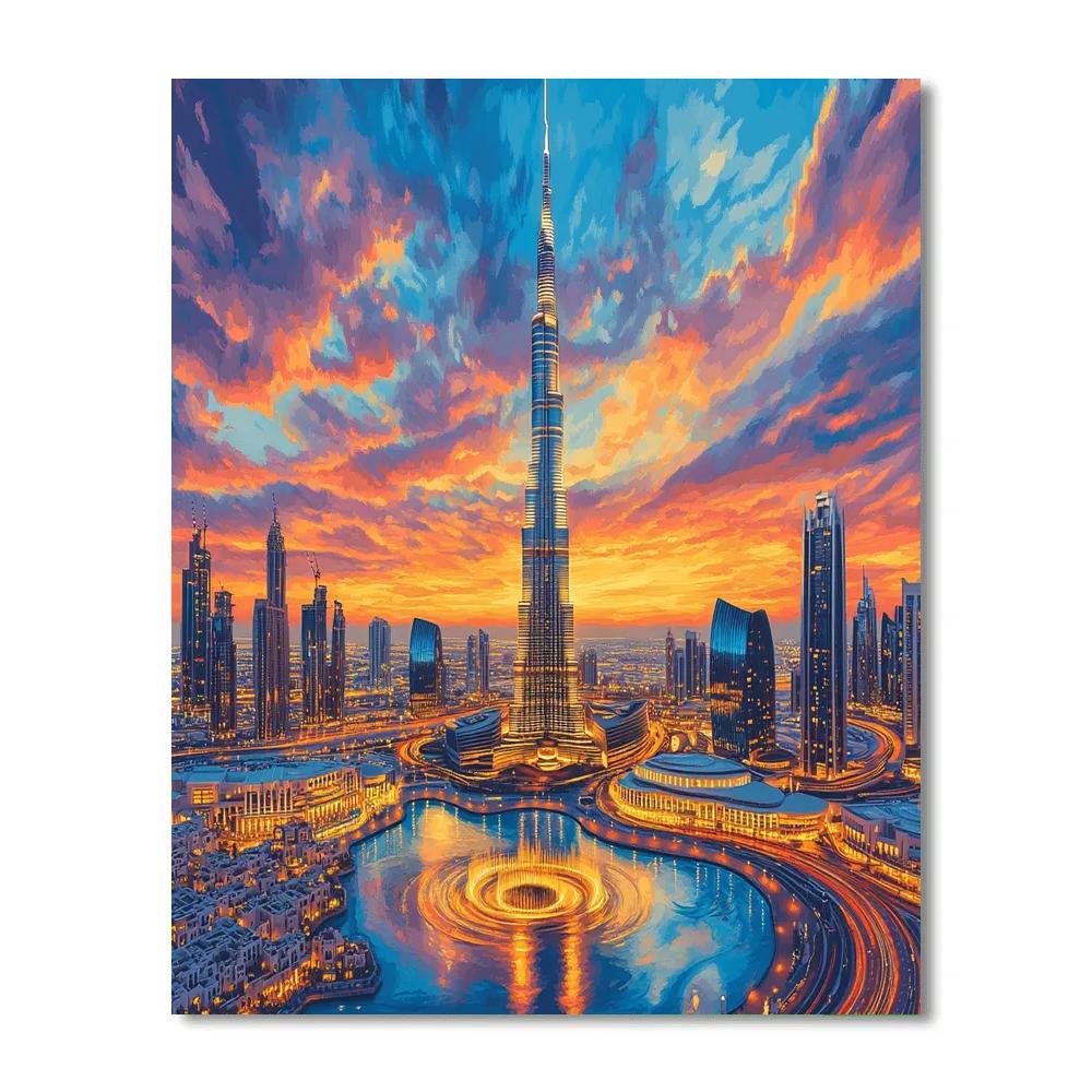Sunset Over Burj Khalifa And Downtown Dubai Skyline Paint by numbers art