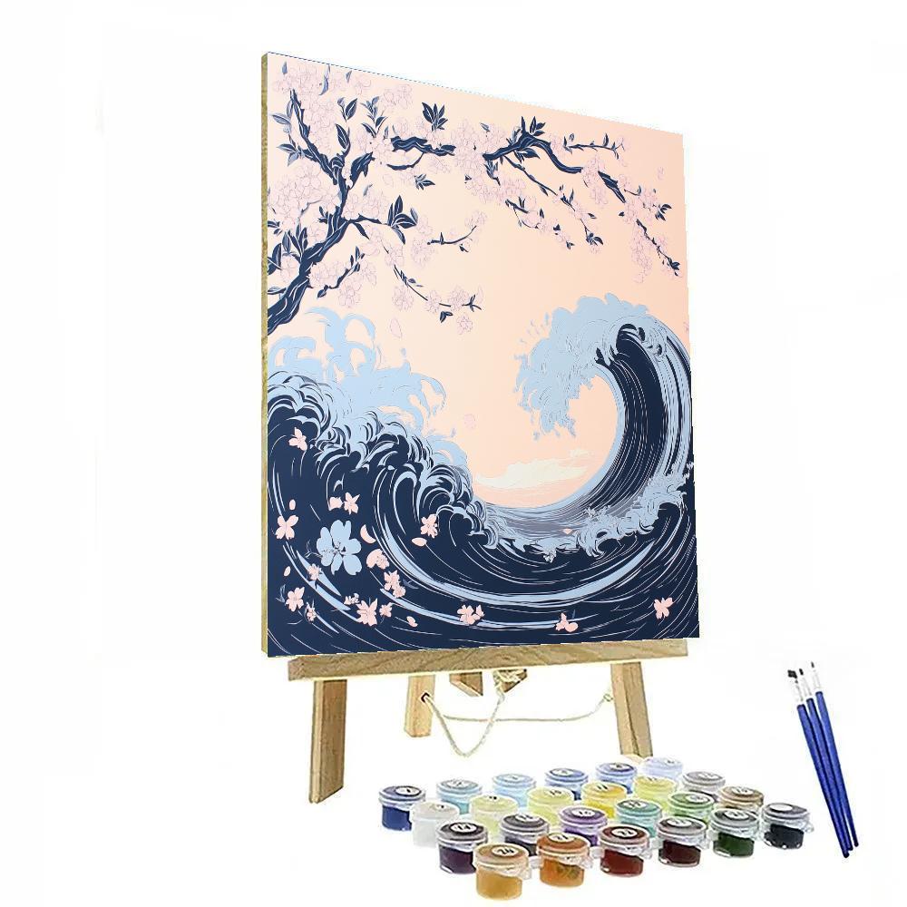 Hokusai Inspired Cherry Blossom Wave paint by numbers