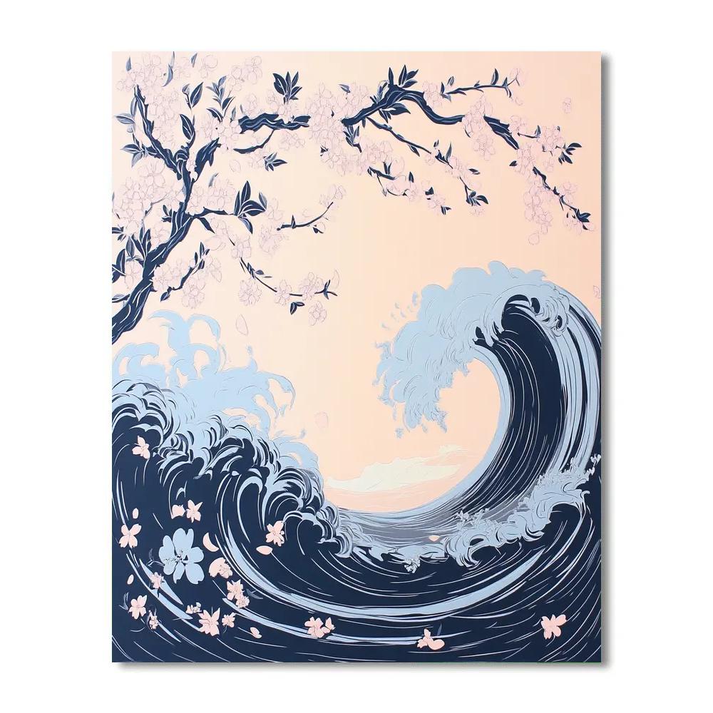 Hokusai Inspired Cherry Blossom Wave paint by numbers