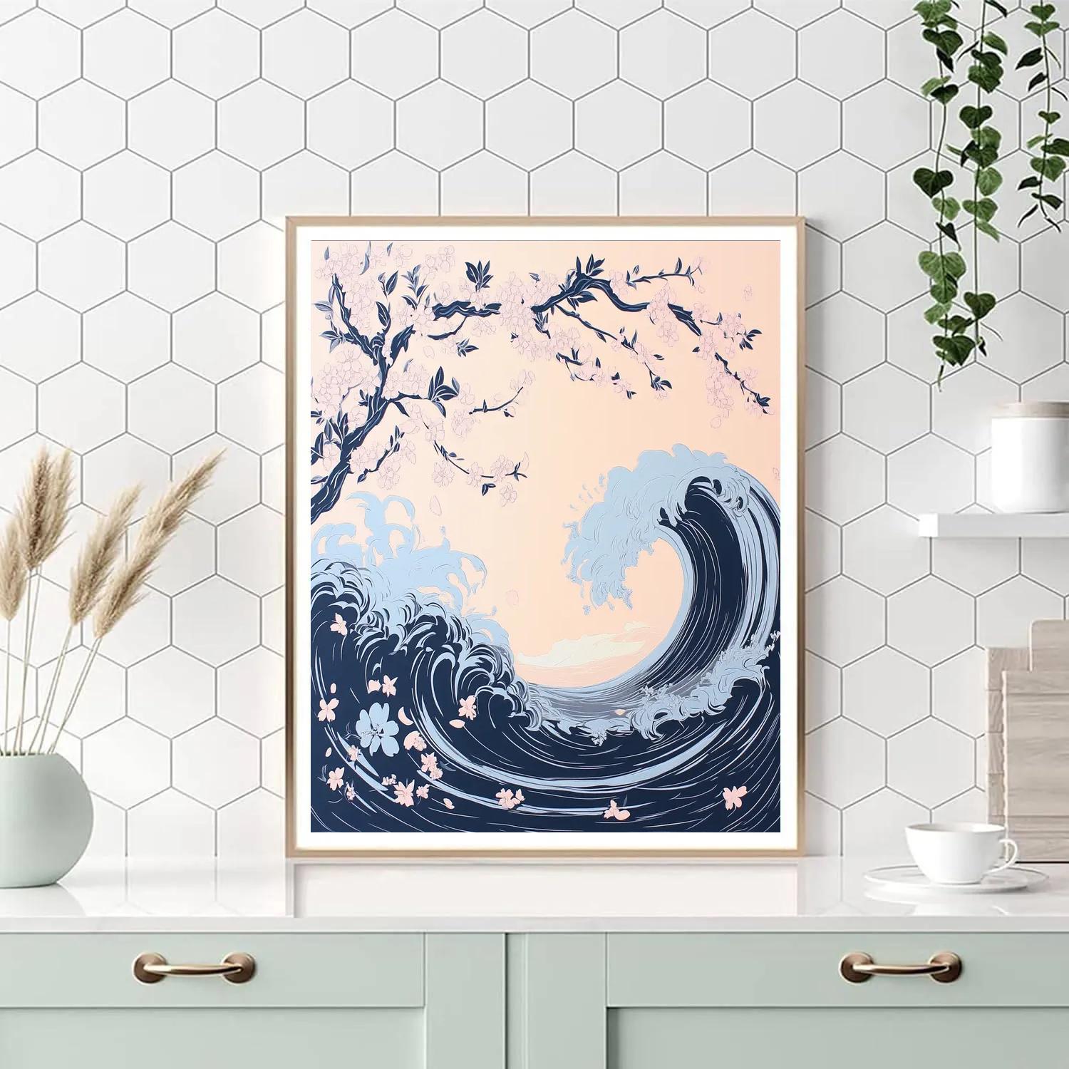 Hokusai Inspired Cherry Blossom Wave paint by numbers