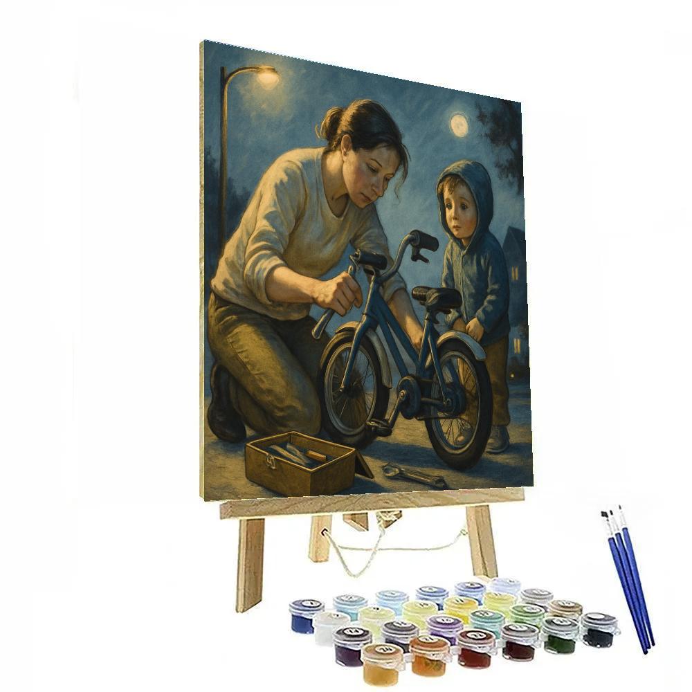 Moonlit Bicycle Repair Number painting