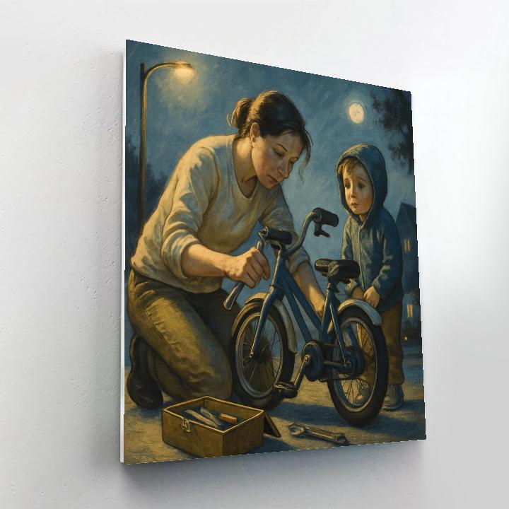 Moonlit Bicycle Repair Number painting