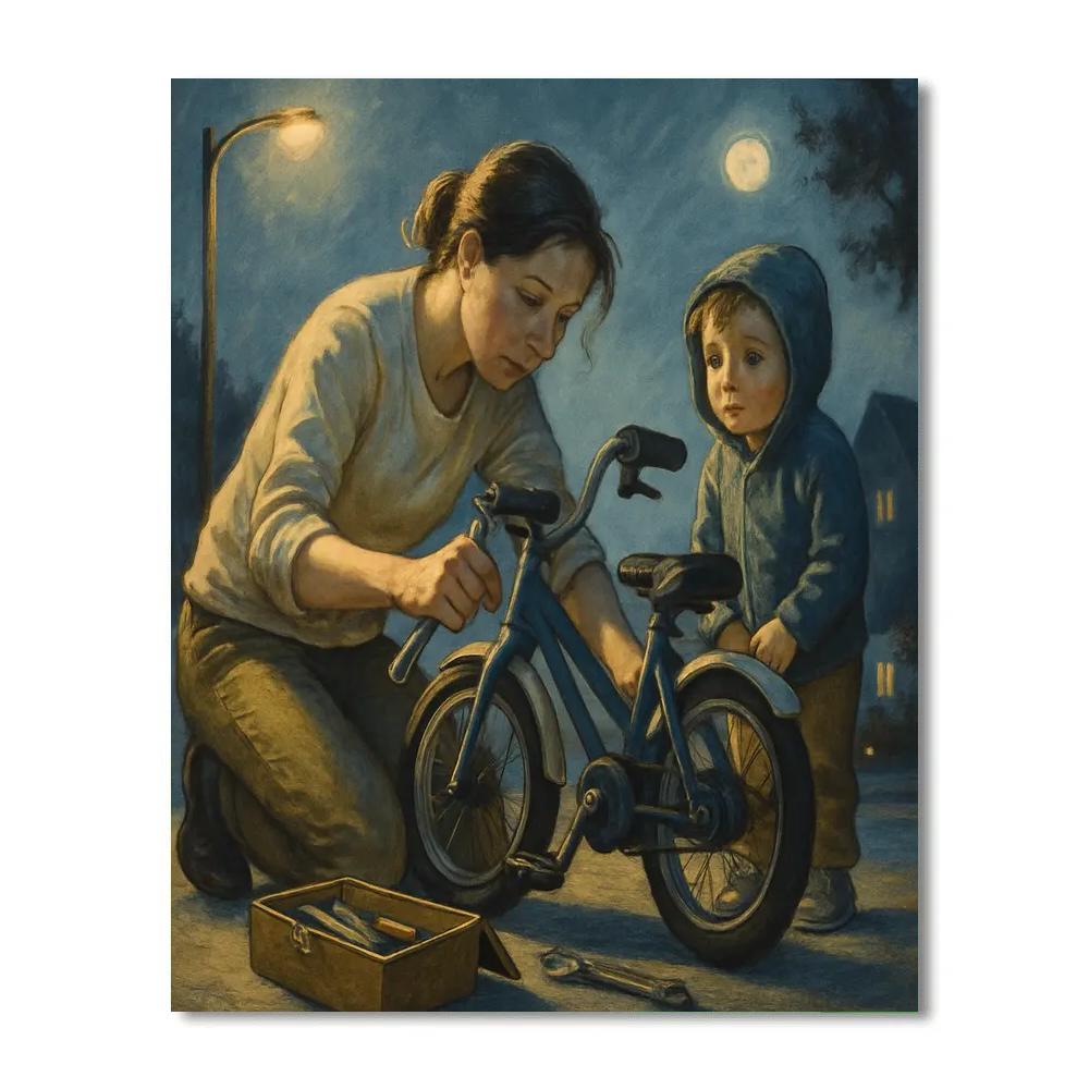 Moonlit Bicycle Repair Number painting