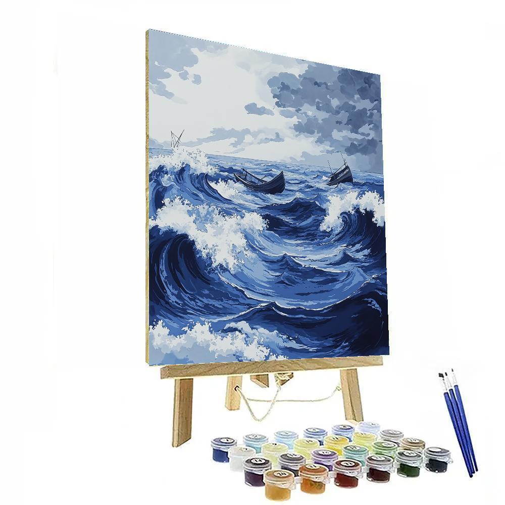 Hokusai Inspired Ocean Wave And Boats painting number kit