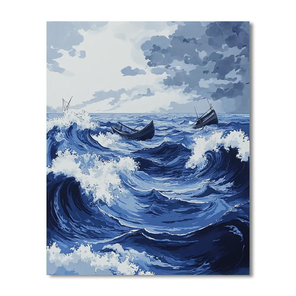 Hokusai Inspired Ocean Wave And Boats painting number kit