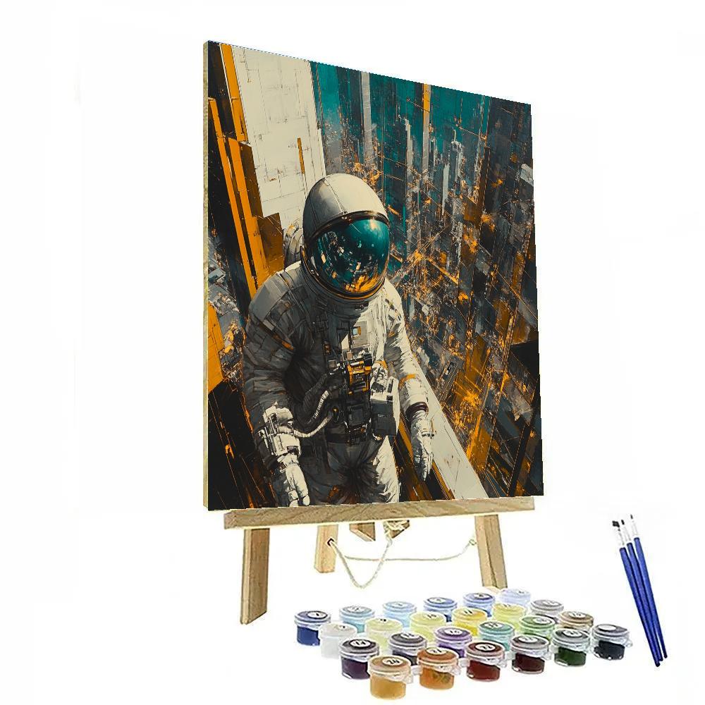 Picasso Inspired Cubist Astronauts In Futuristic City paint by color