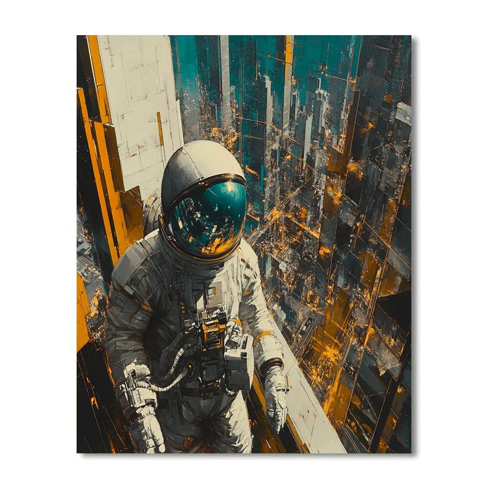 Picasso Inspired Cubist Astronauts In Futuristic City paint by color