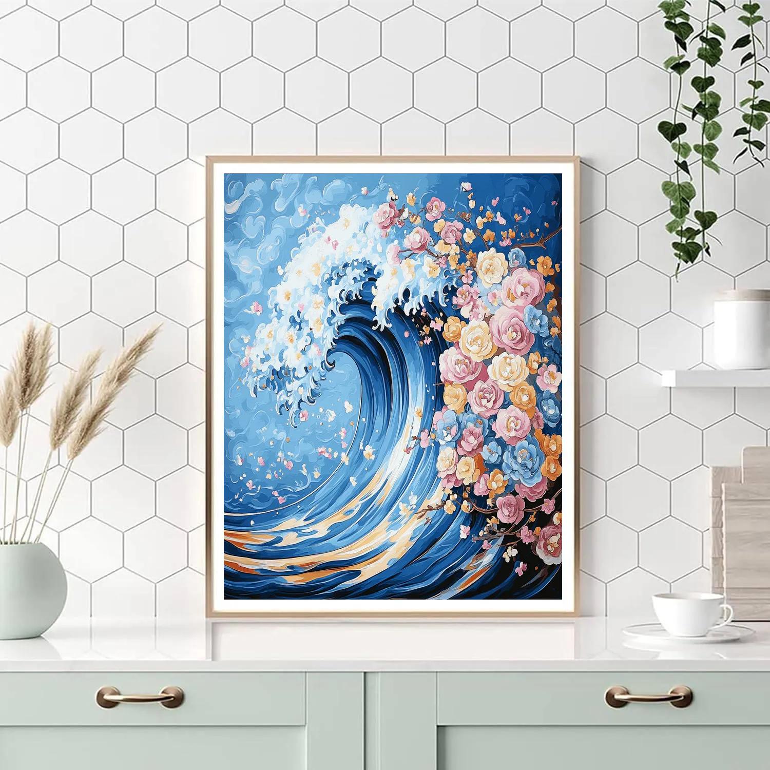 Hokusai Inspired Floral Wave painting number kit