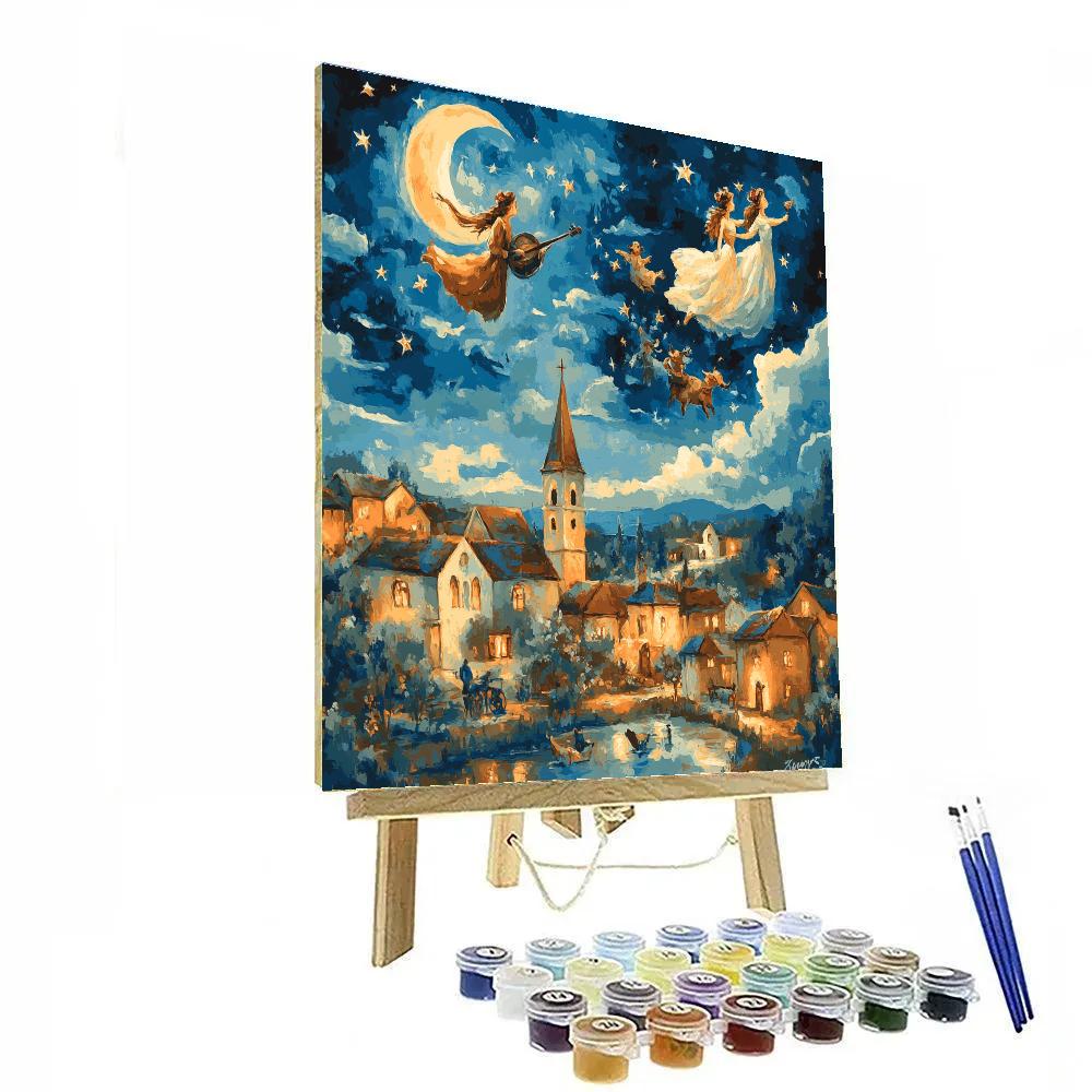 Marc Chagall Inspired Lovers Over Town Number painting