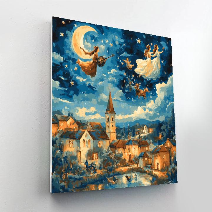 Marc Chagall Inspired Lovers Over Town Number painting