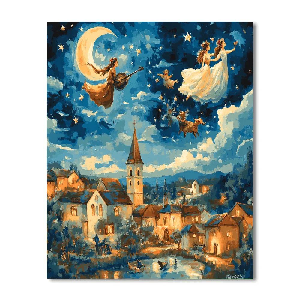 Marc Chagall Inspired Lovers Over Town Number painting