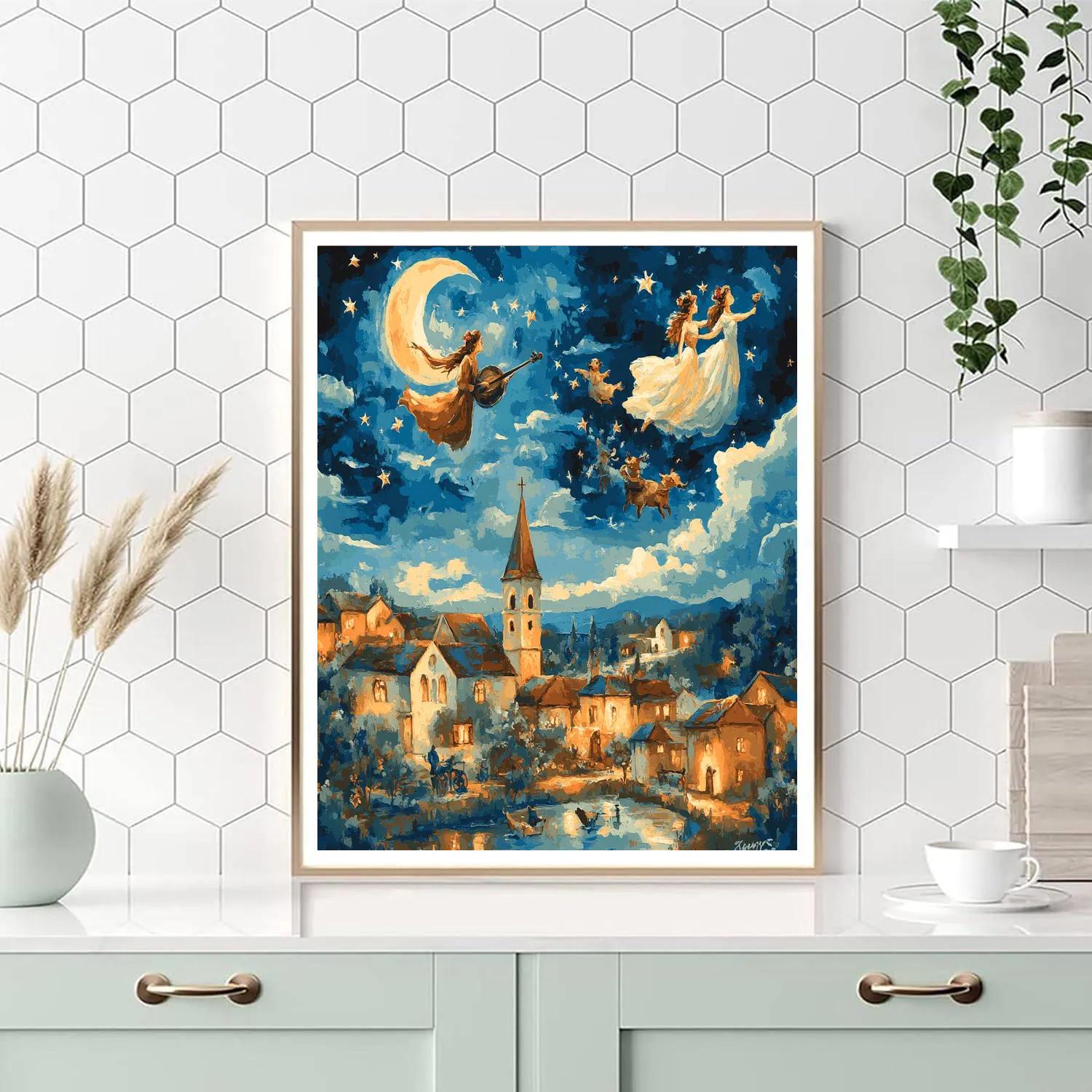 Marc Chagall Inspired Lovers Over Town Number painting