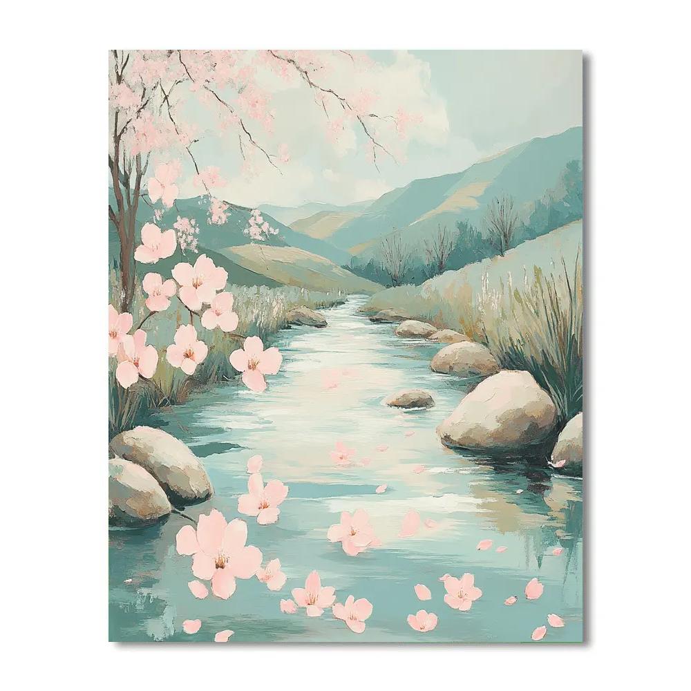 Hiroshige Inspired Spring Blossom Stream Paint by numbers art