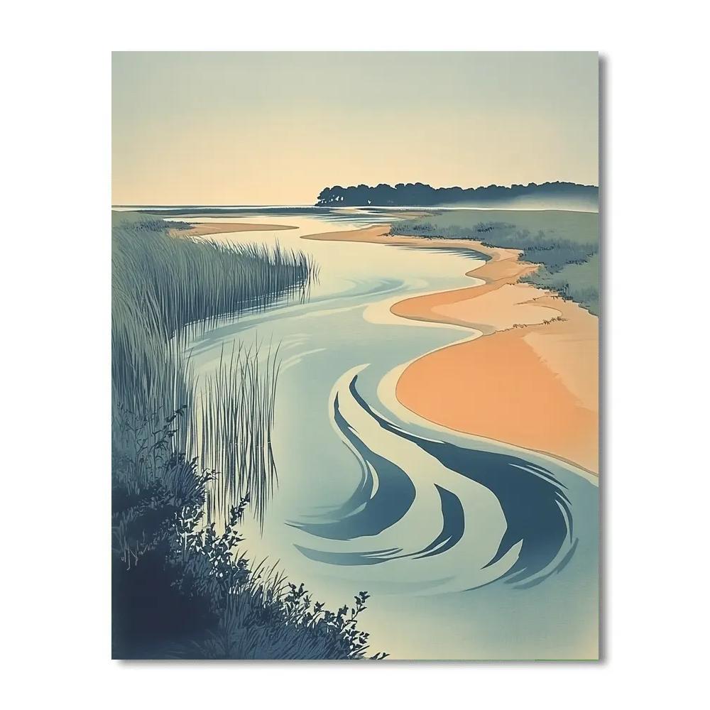 Hiroshige Inspired River Delta Dawn Mist Paint by numbers kits