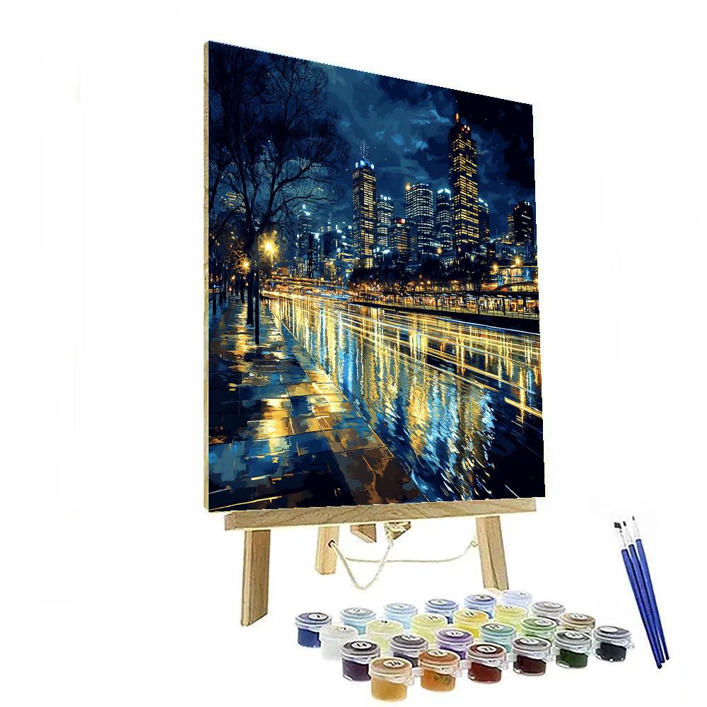 Nighttime Panorama Of Melbourne Skyline With Yarra River Painting by numbers kit