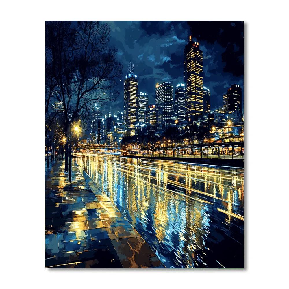 Nighttime Panorama Of Melbourne Skyline With Yarra River Painting by numbers kit