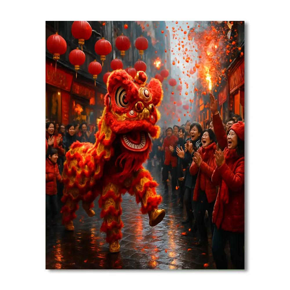 Chinese New Year Lion Dance In City Street Painting by numbers kit