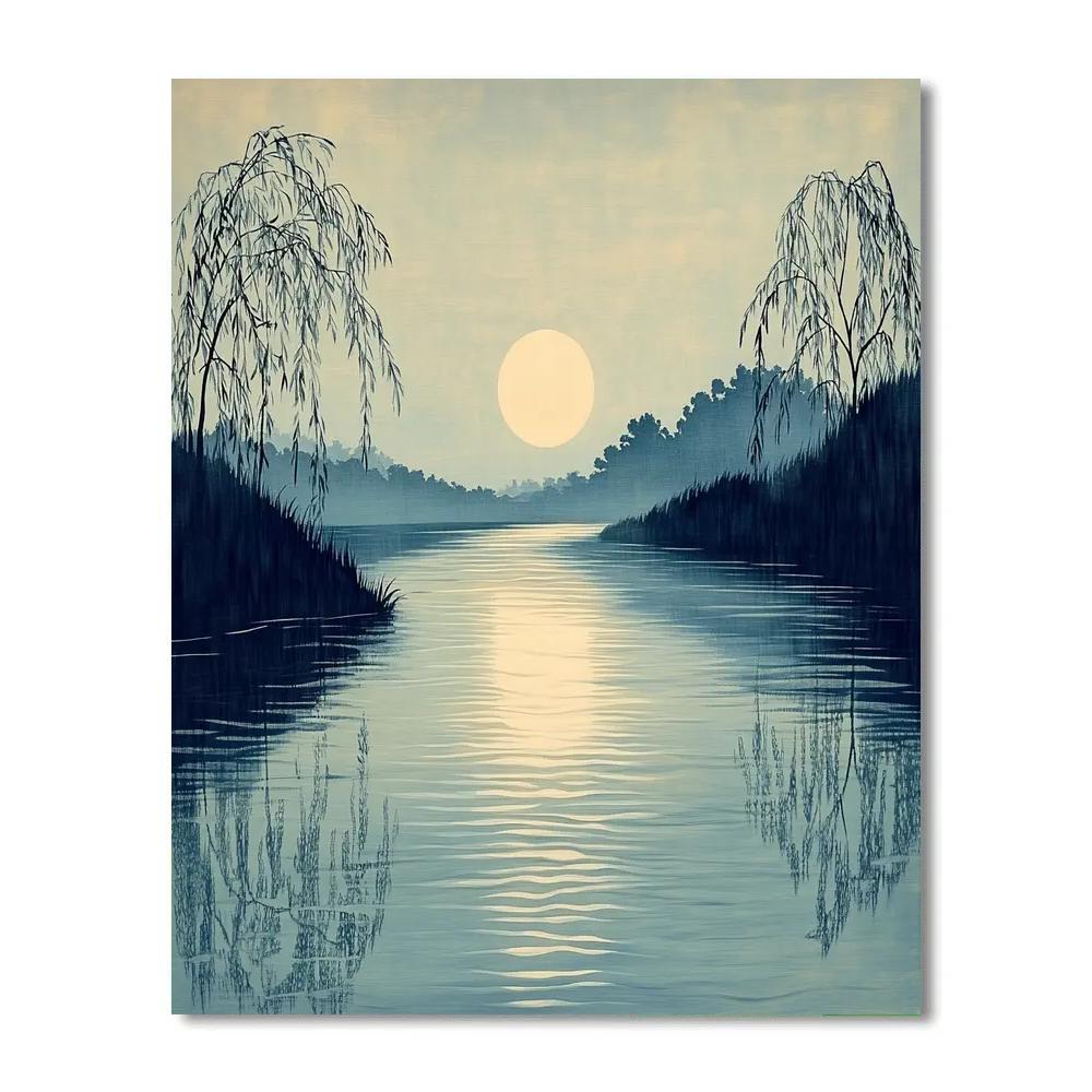 Hiroshige Inspired Moonlit River Willows Numbered painting kits