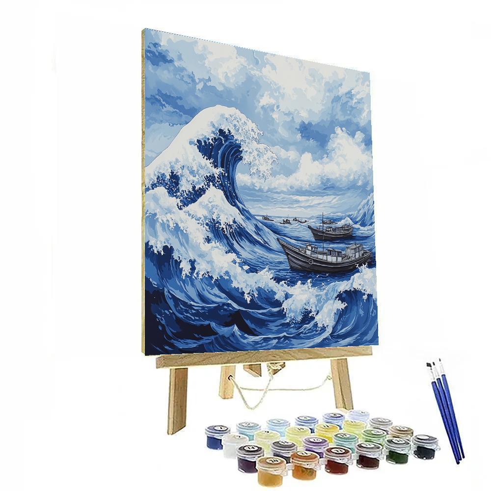 Hokusai Inspired Great Wave And Fishing Boats painting number kit