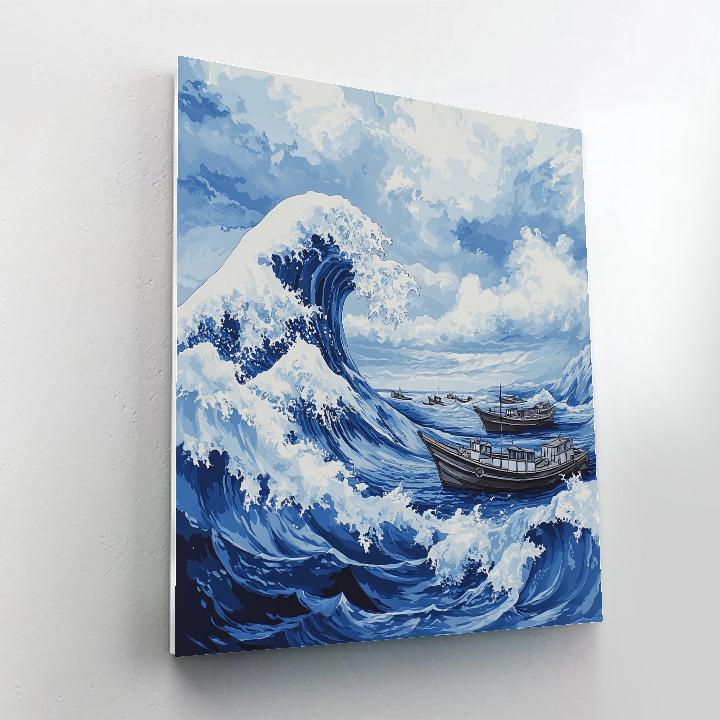 Hokusai Inspired Great Wave And Fishing Boats painting number kit