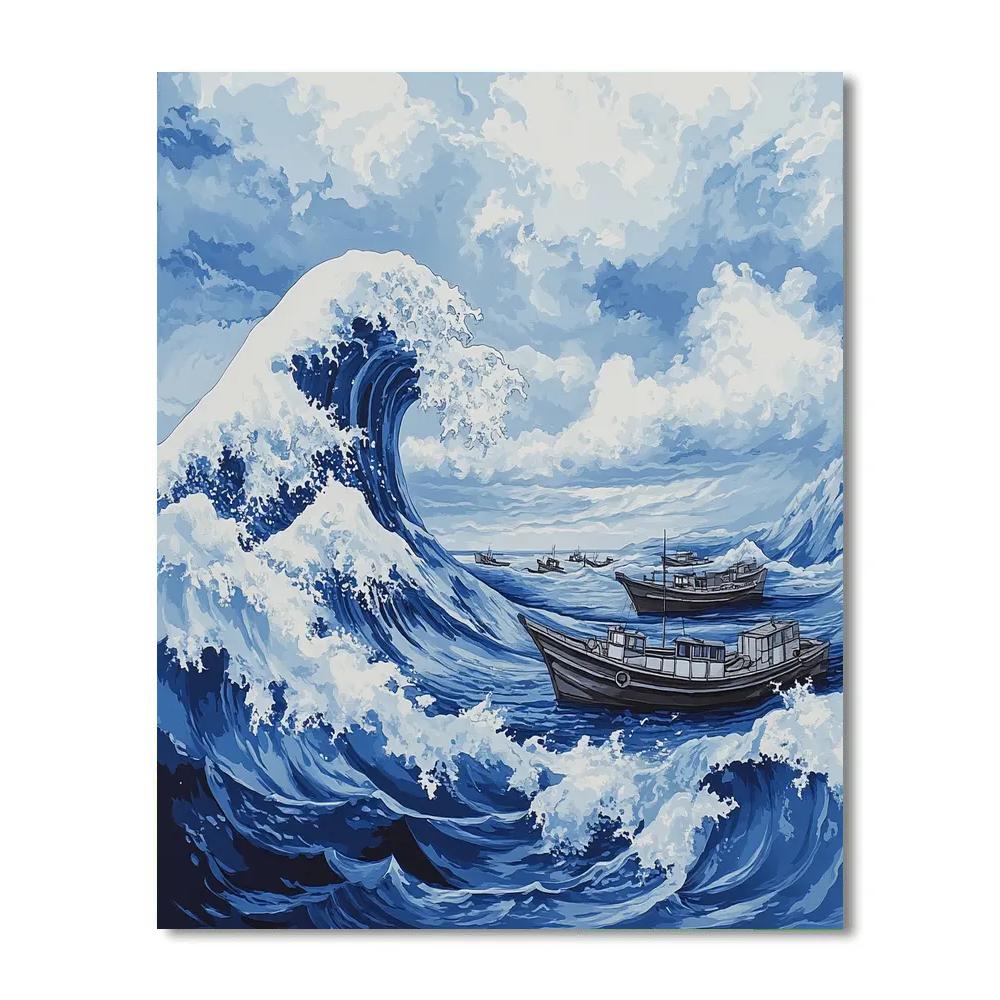 Hokusai Inspired Great Wave And Fishing Boats painting number kit