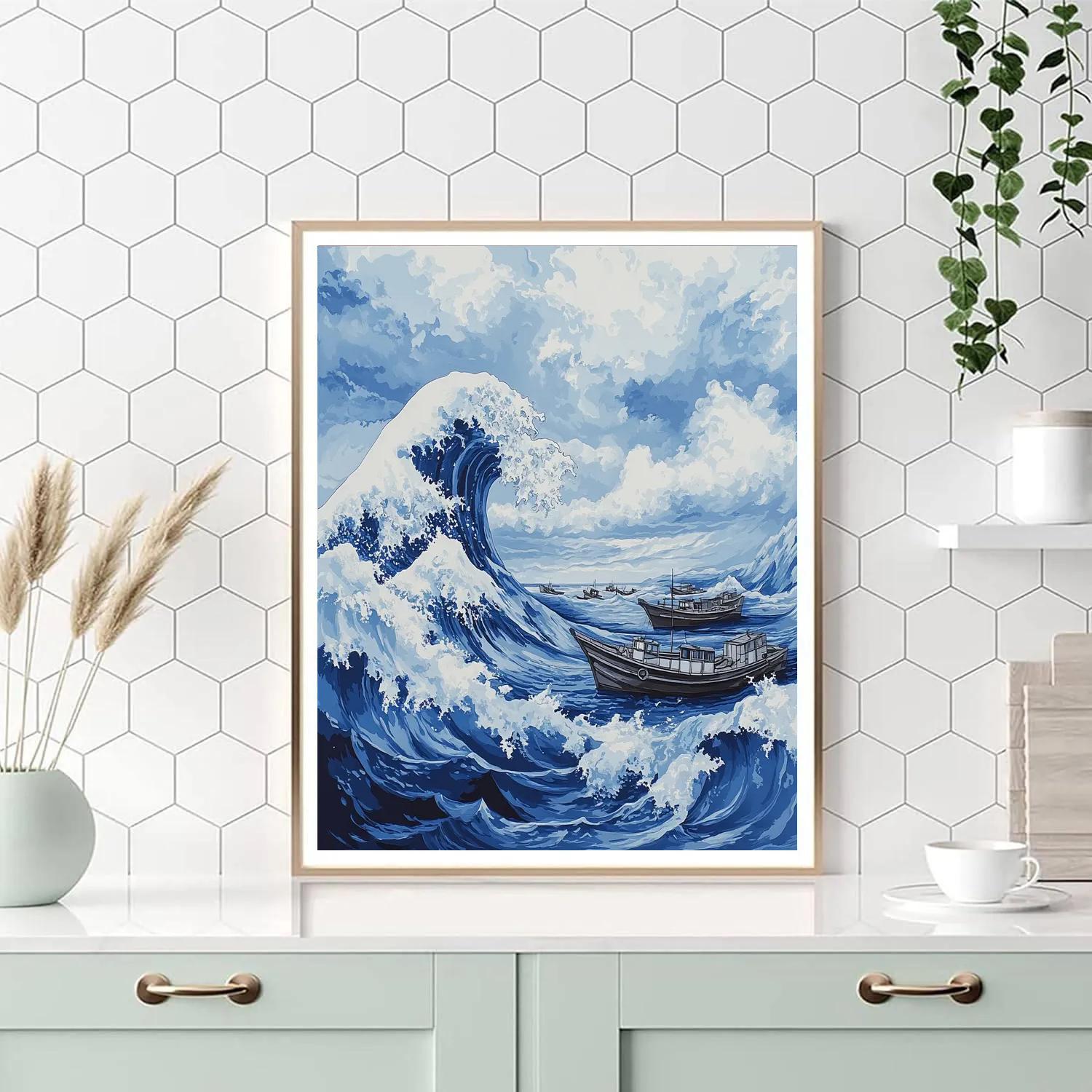 Hokusai Inspired Great Wave And Fishing Boats painting number kit