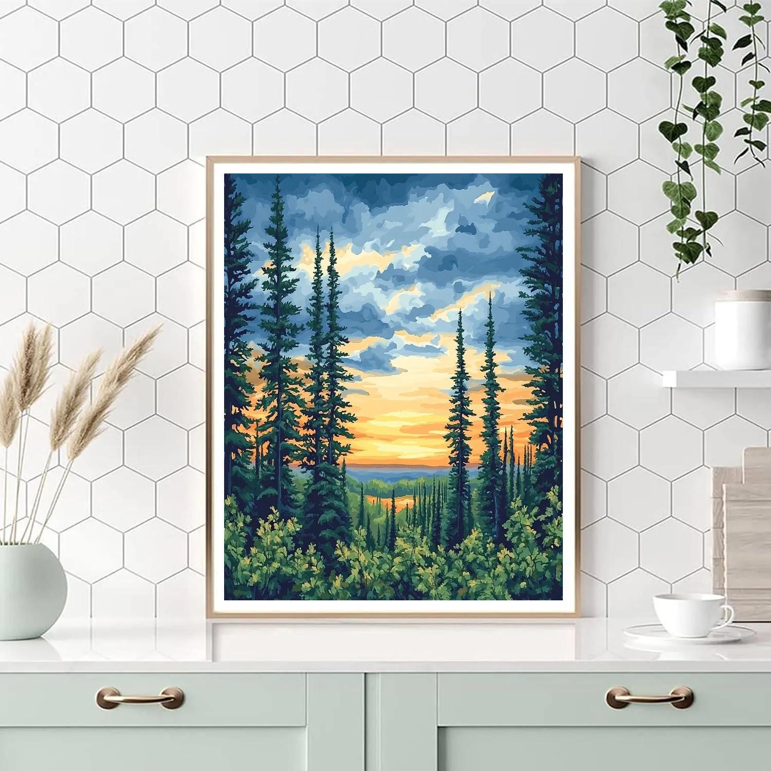 J. E. H. MacDonald Inspired Twilight Pines And Patterned Sky paint by color