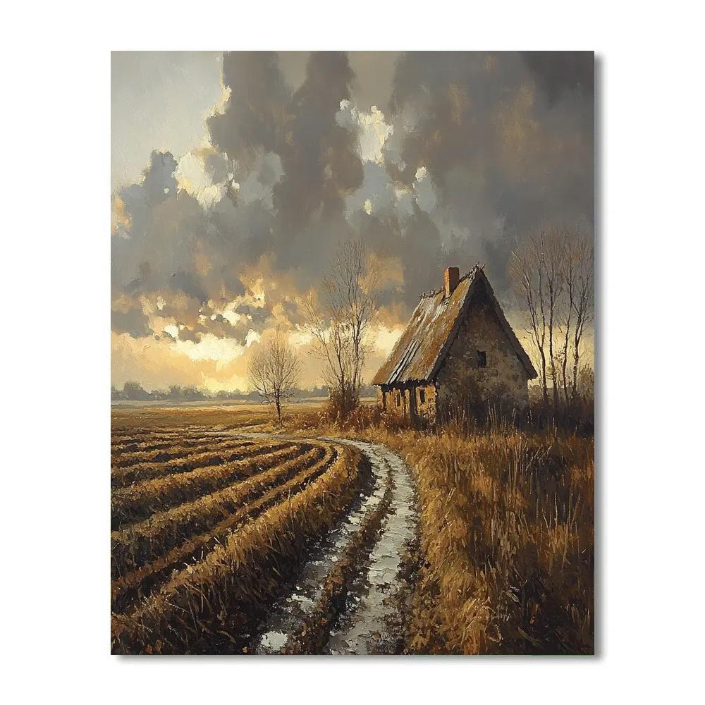 Rembrandt Inspired Cottage Amid Shadowed Fields paint by number